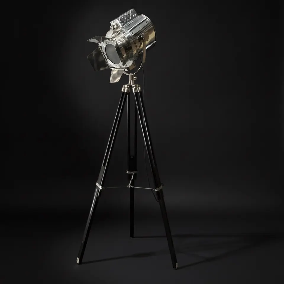 Chrome Spotlight on Black Wooden Tripod