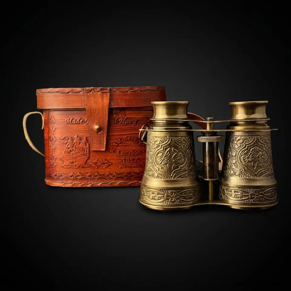 Antique Brass Binocular with Intricate Detail and Red Leather Case