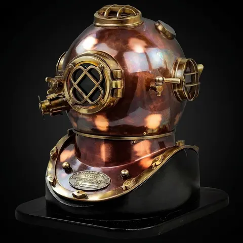 Reddish Copper Diving Helmet with Antique Finish and Black Wooden Base view 1