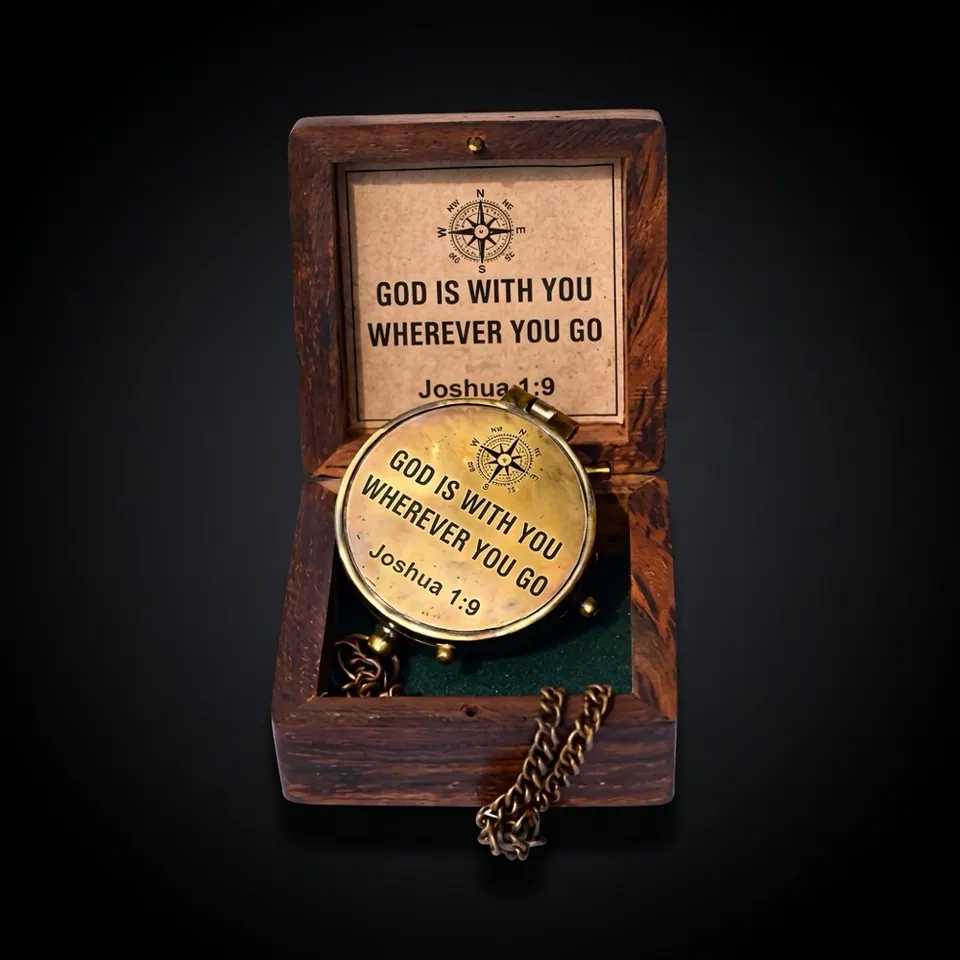 Joshua 1:9 Compass, Wooden Box