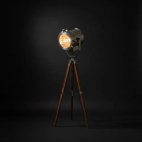 Chrome Spotlight on Wooden Tripod view 1