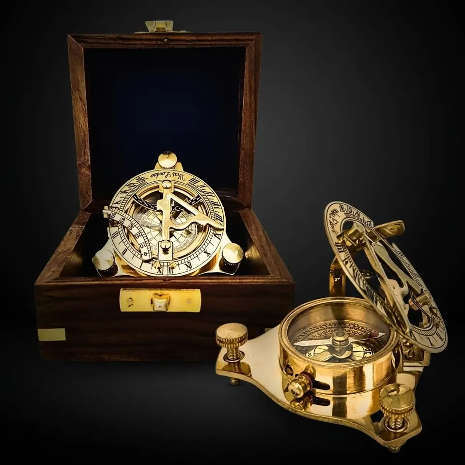 Polished Brass Sundial Compass with Fitted Wooden Presentation Box