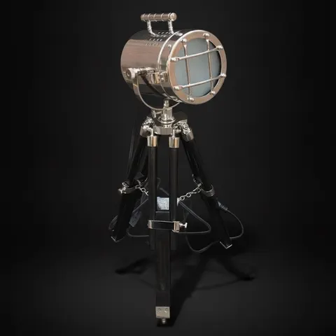 Chrome Spotlight on Black Wooden Tripod view 1