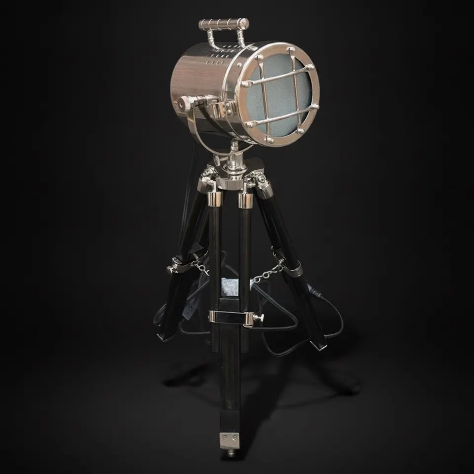 Chrome Spotlight on Black Wooden Tripod