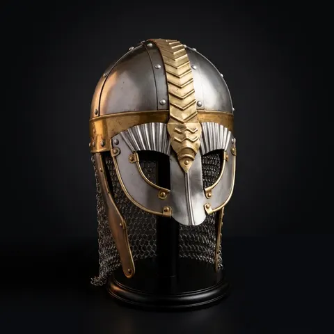 Viking Knight Helmet with Chainmail — Brass Aventail view 1