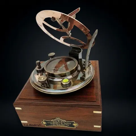 Black Antique Brass Sundial Compass with Black Wooden Presentation Box view 1