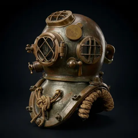 Mark V Diving Helmet with Greenish Patina Antique Finish and Metal Stand view 1