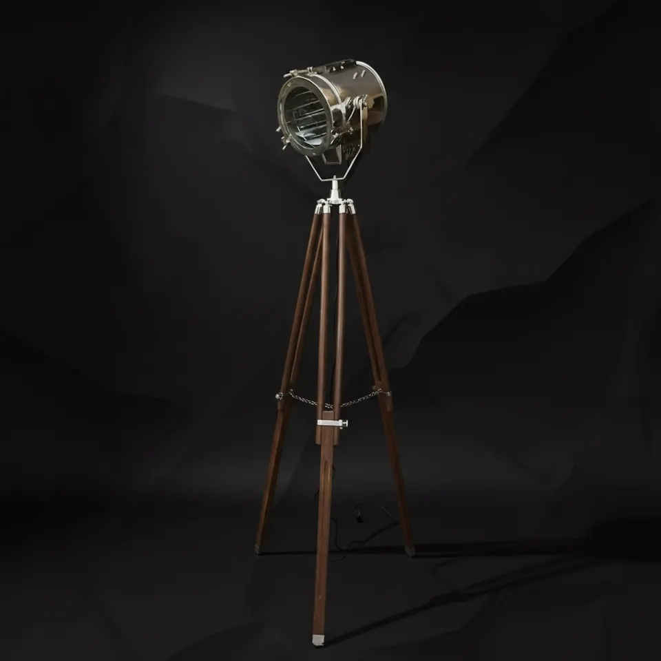 Chrome Spotlight on Wooden Tripod