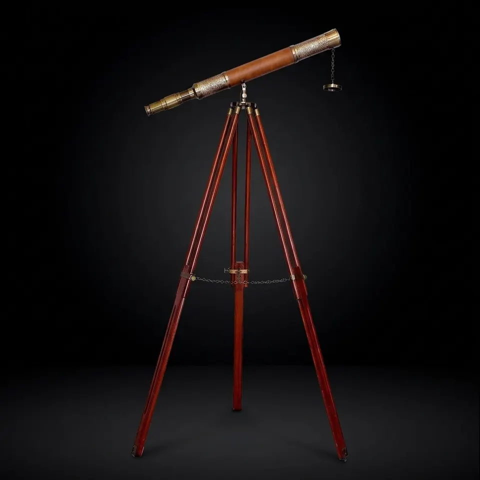 Brass & Leather Floor Standing Telescope 47" with Wooden Tripod