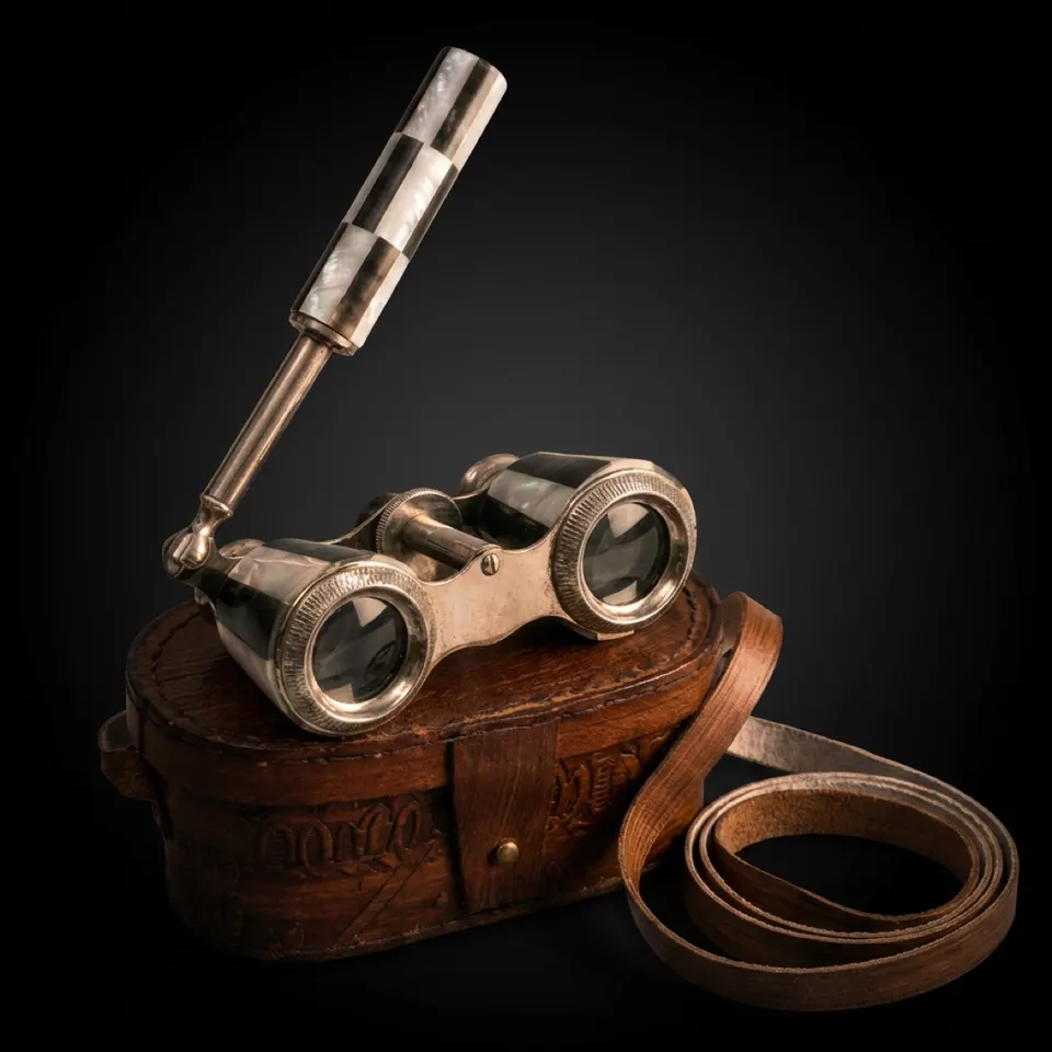 Brass Opera Glasses with Engraved Red Leather Case — Mother of Pearl