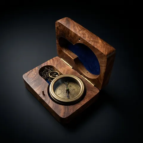 Antique Finish Compass, Wooden Box view 1