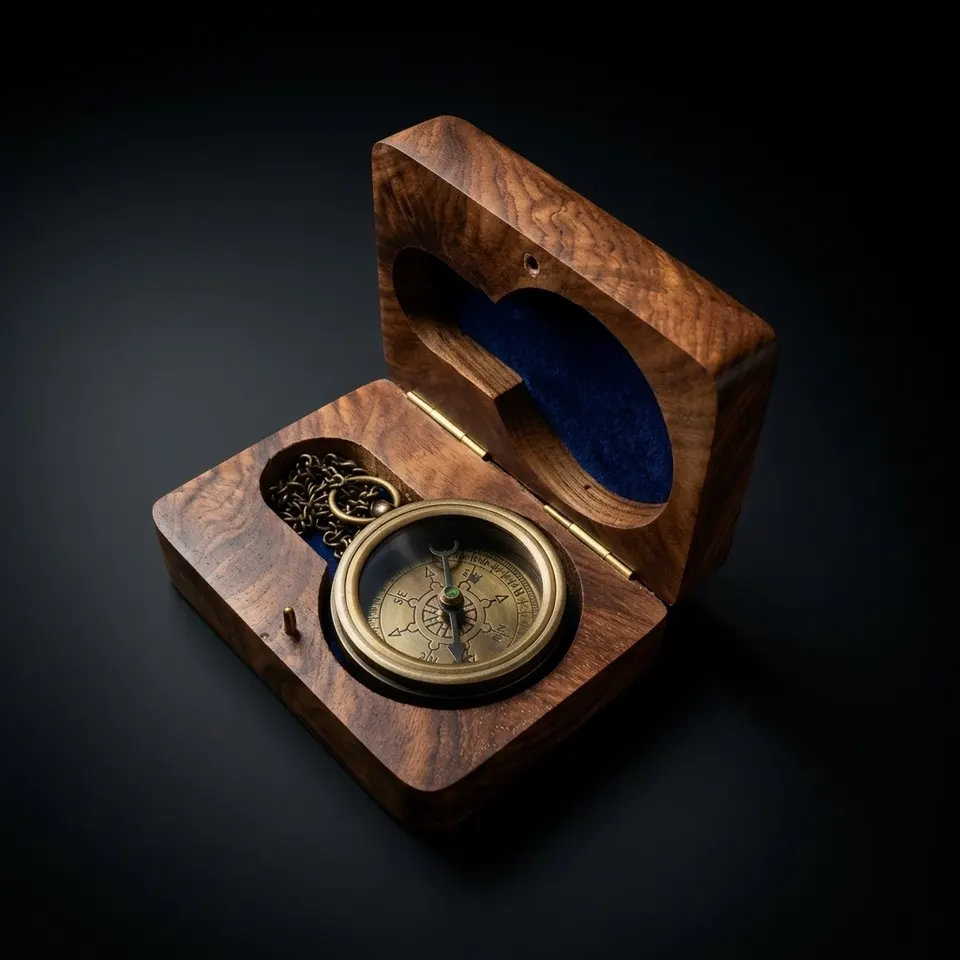 Antique Finish Compass, Wooden Box