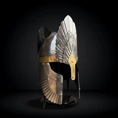Engraved Medieval Steel Helmet — Brass Finish Wings view 1