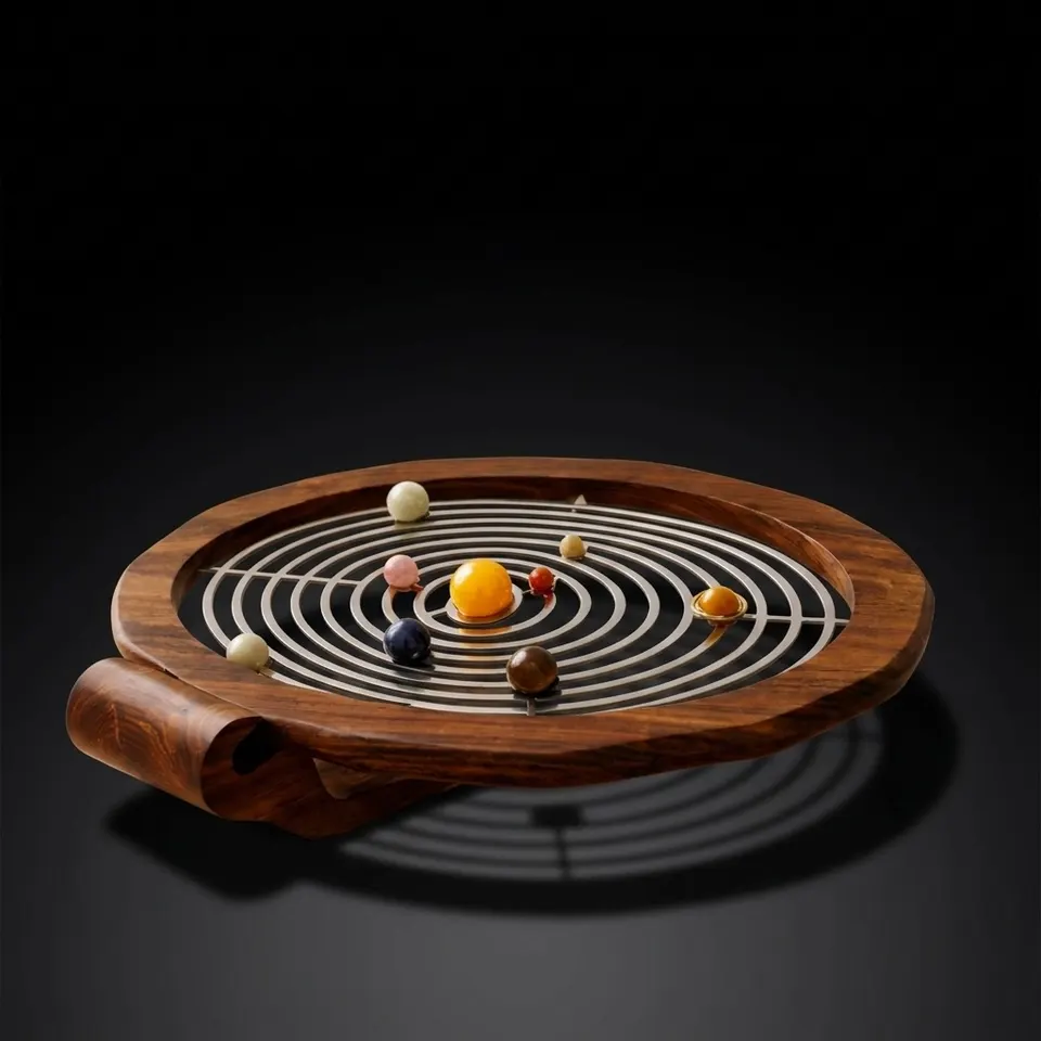 Oval Gemstone Solar System Desk Model on Rosewood Base