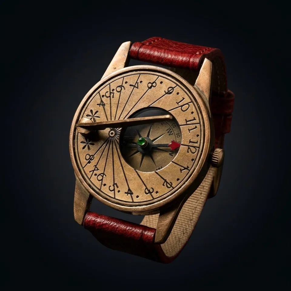 Brass Wrist Sundial Compass with Red Strap