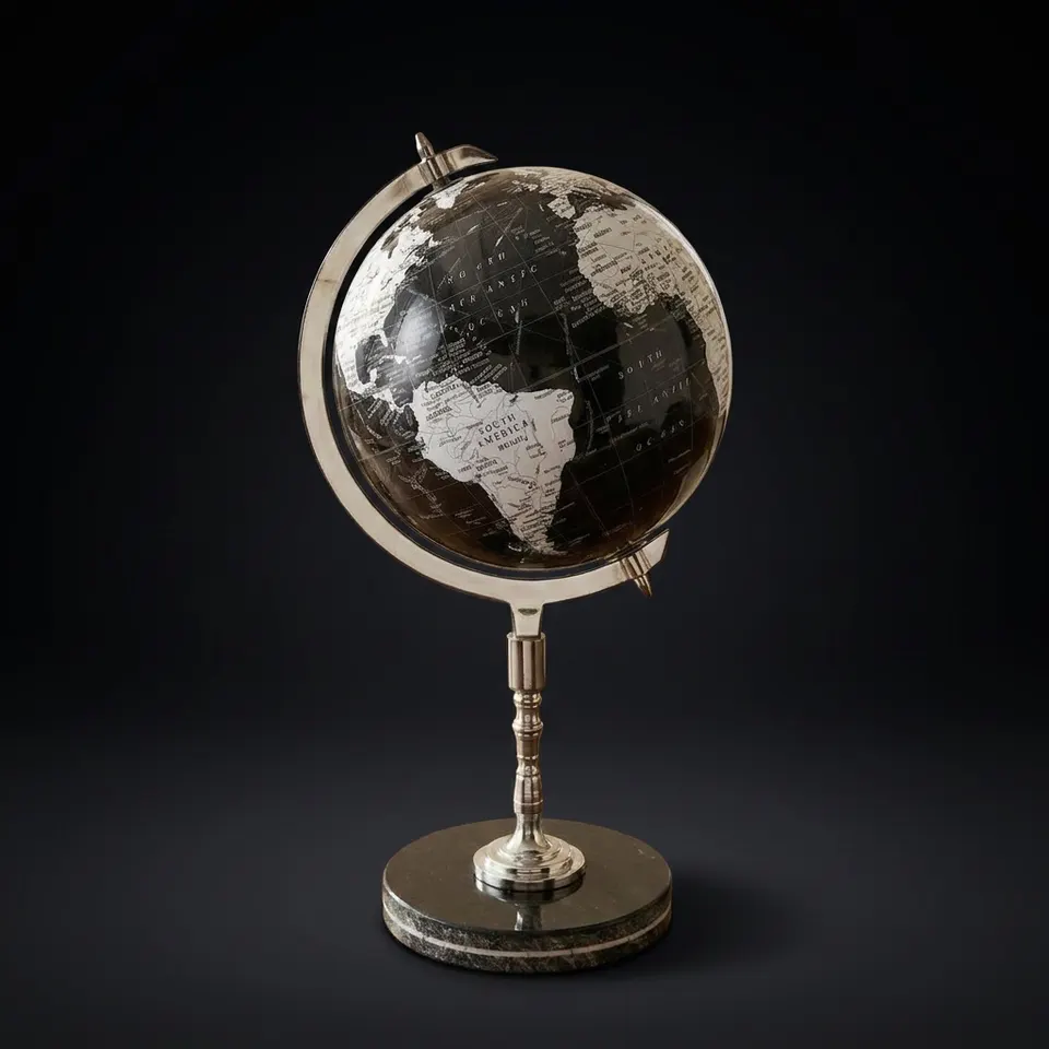 Shiny Black Globe with Chrome Nickel Stand and Black Marble Base