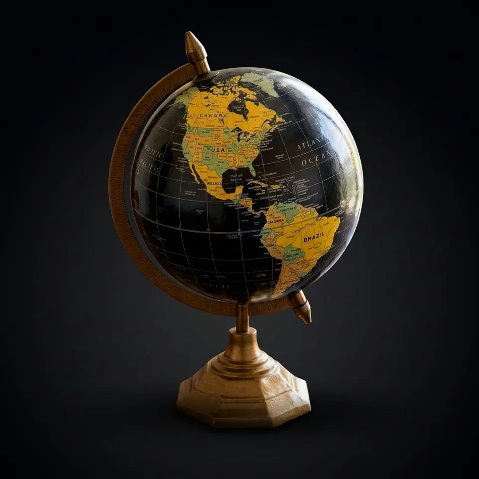 Vintage Desk Globe with Black Ocean and Golden Land Map on Octagonal Brass Stand