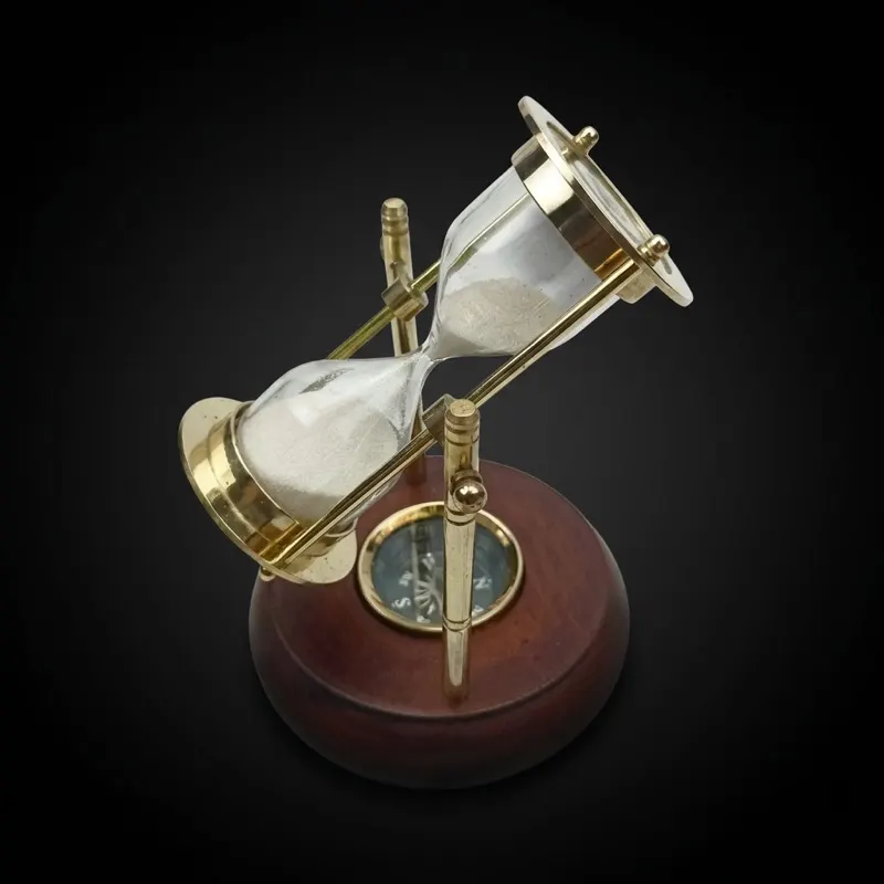 Rotating Brass Hourglass with Wooden Base and Compass, 2-Minute, White Sand