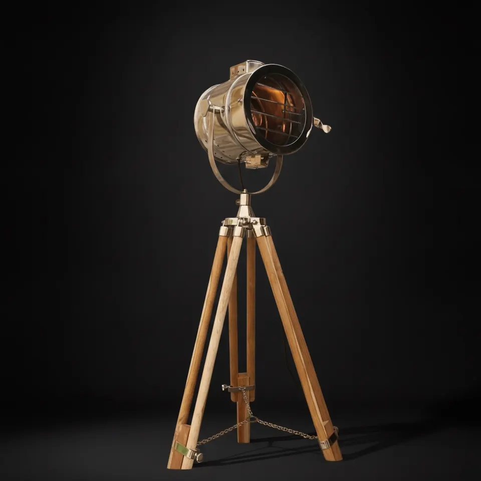 Chrome Spotlight on Teak Wood Tripod
