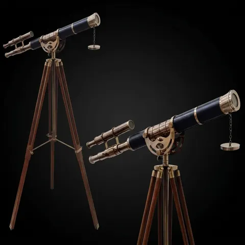 Double Barrel Brass & Leather Floor Standing Telescope 50" with Wooden Tripod view 1