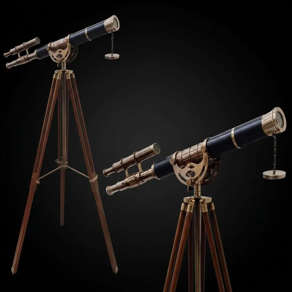 Double Barrel Brass & Leather Floor Standing Telescope 50" with Wooden Tripod