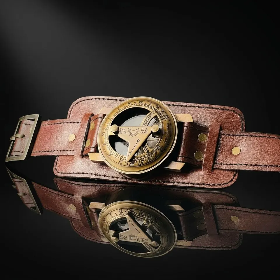 Brass Wrist Sundial Compass with Brown Strap