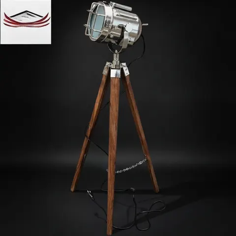 Chrome Spotlight on Wooden Tripod view 1