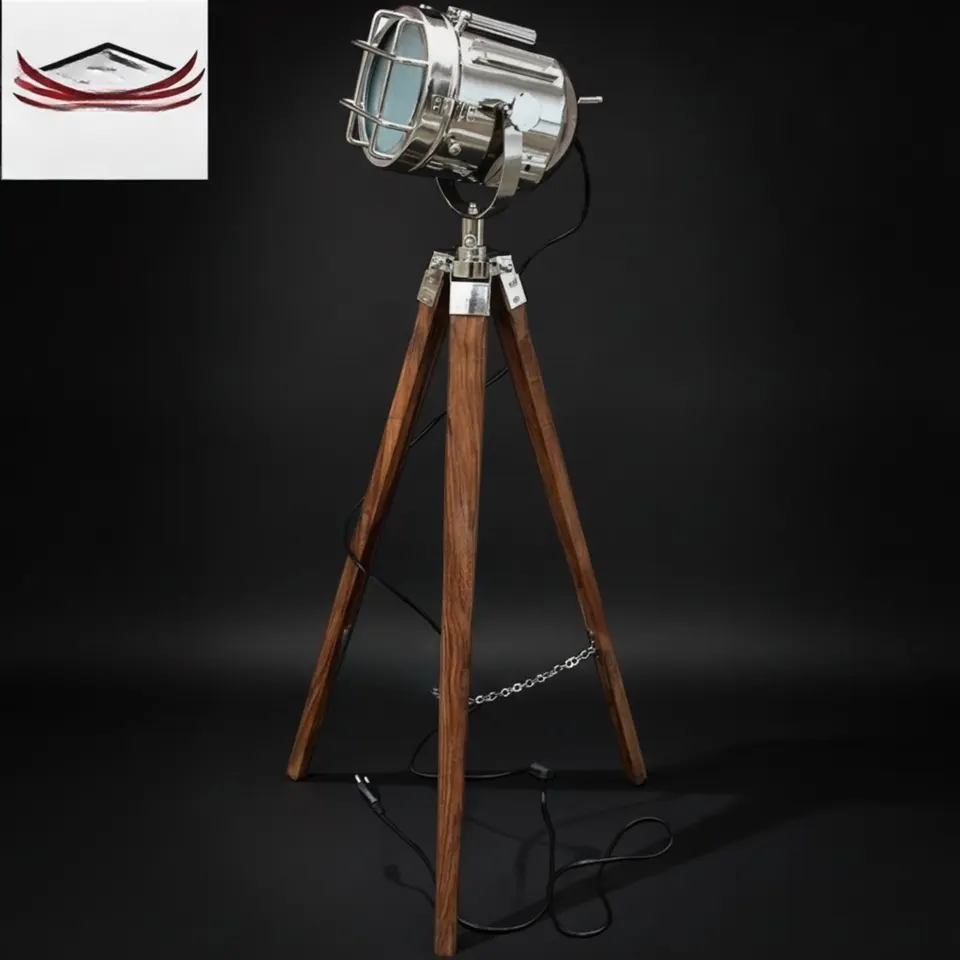 Chrome Spotlight on Wooden Tripod