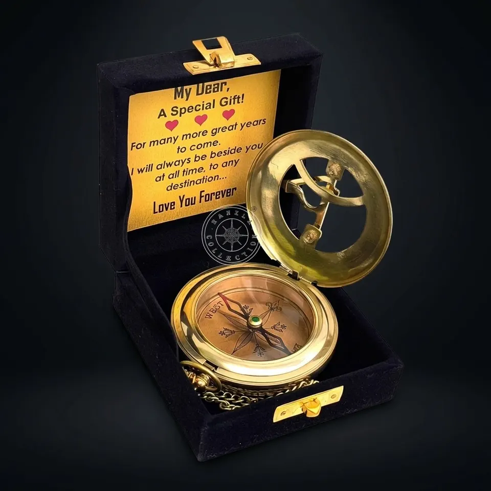 Antique Brass Sundial Compass with Velvet Box
