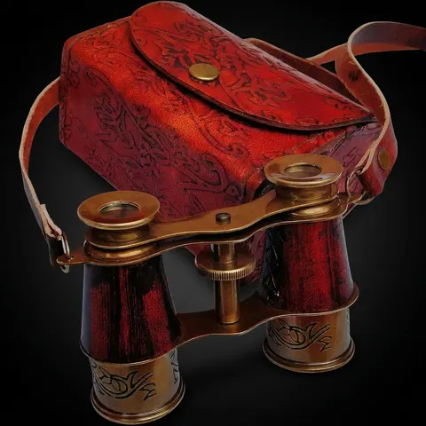 Compact Antique Brass Binocular with Red Leather Case view 1