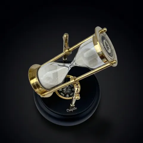 Rotating Brass Hourglass with Black Wooden Base and Compass, 3-Minute, White Sand view 1