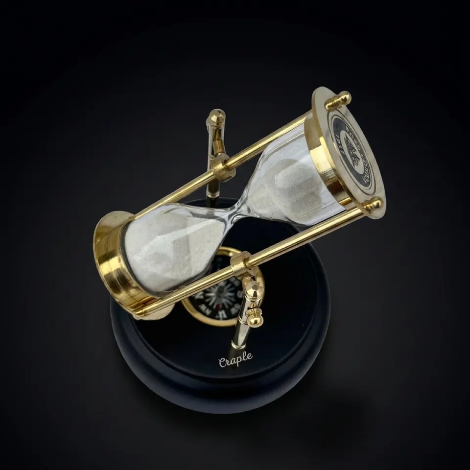 Rotating Brass Hourglass with Black Wooden Base and Compass, 3-Minute, White Sand
