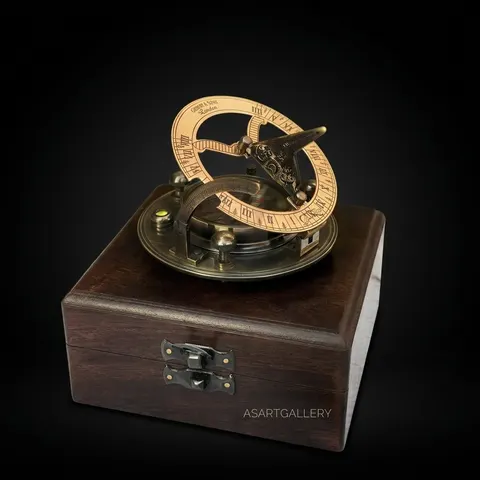 Antique Brass Sundial Compass with Fitted Wooden Presentation Box view 1