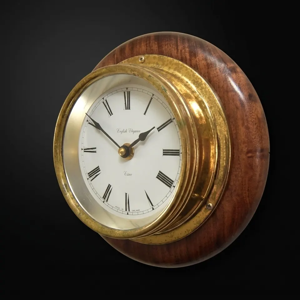 Brass Wall Clock English Style Wooden Base