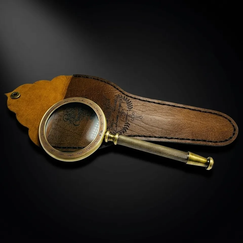 All-Brass Handheld Magnifier 3.2" with Bible Verse Engraving and Leather Case