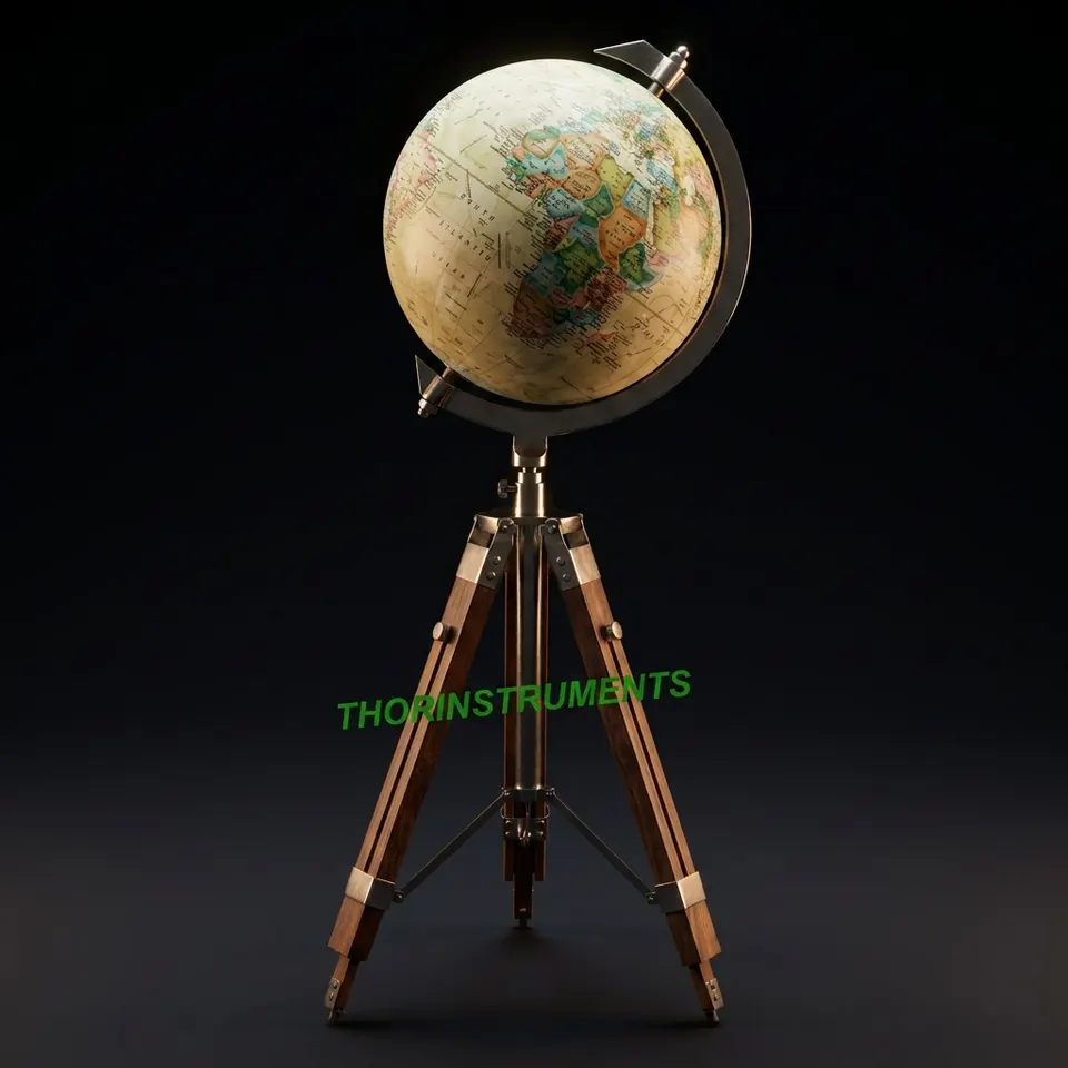 Vintage Desk Globe with Chrome Nickel Ring on Wooden Tripod Stand