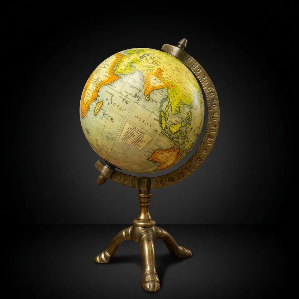 Vintage Brass Globe with Polished Three-Legged Stand and Brass Meridian Ring