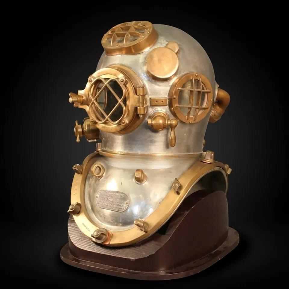 Vintage Diving Helmet with Silverish Cream Finish and Dark Brown Base