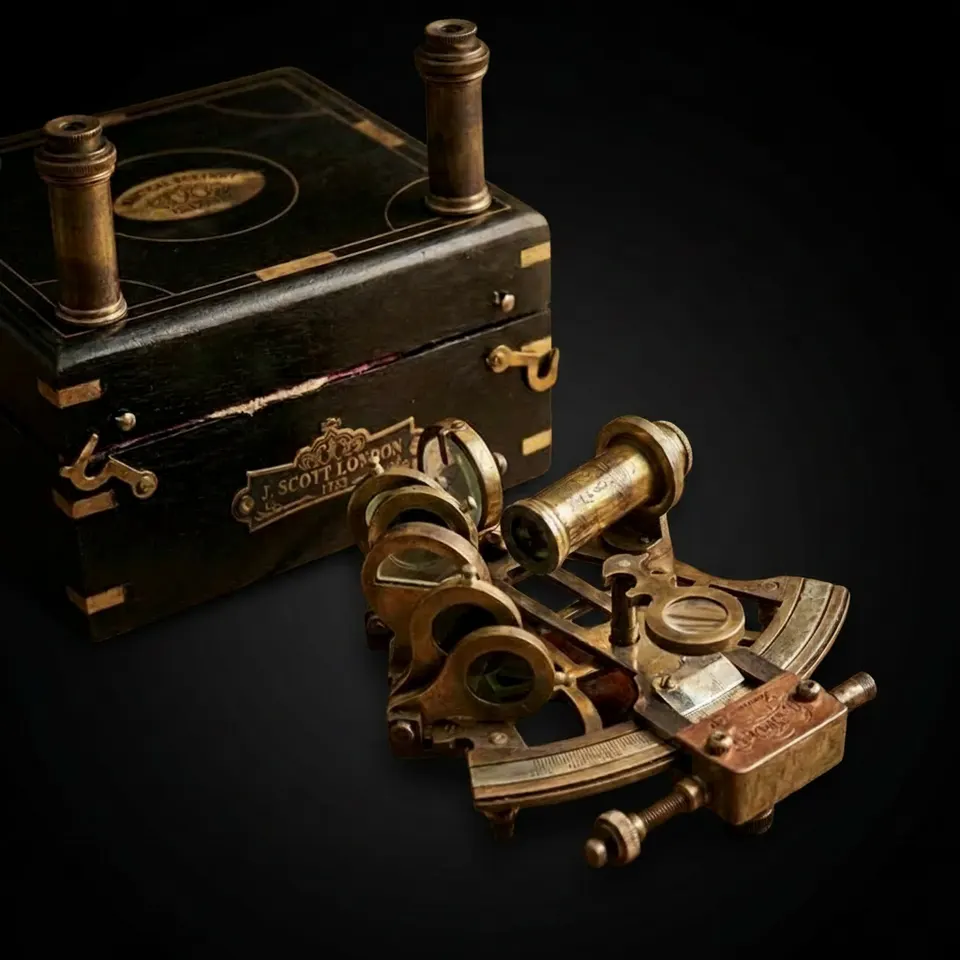 Antique Brass Sextant with Two Extra Telescopes and Black Wooden Box