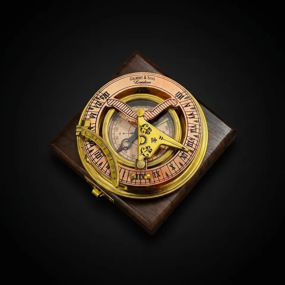 Black Antique Brass Sundial Compass with Black Wooden Presentation Box
