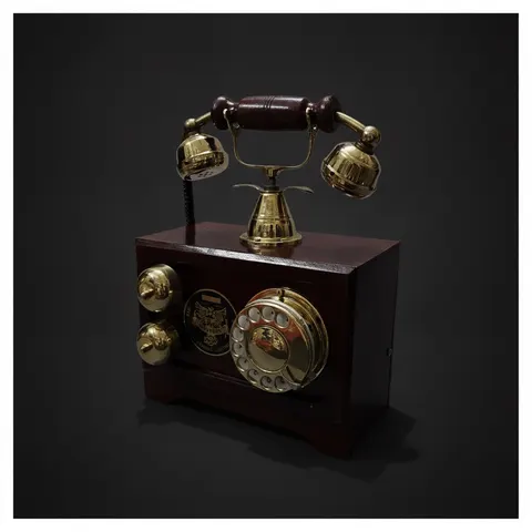 Retro Brown Wooden Landline Telephone — Brass Dial view 1