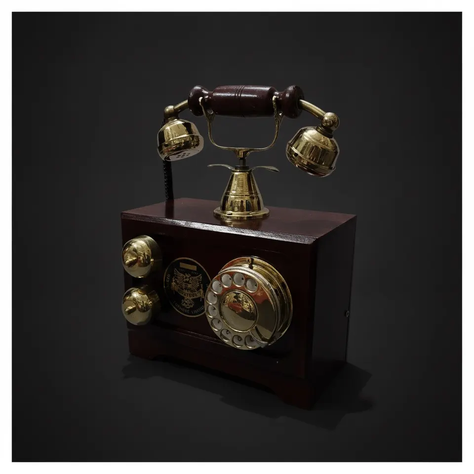 Retro Brown Wooden Landline Telephone — Brass Dial
