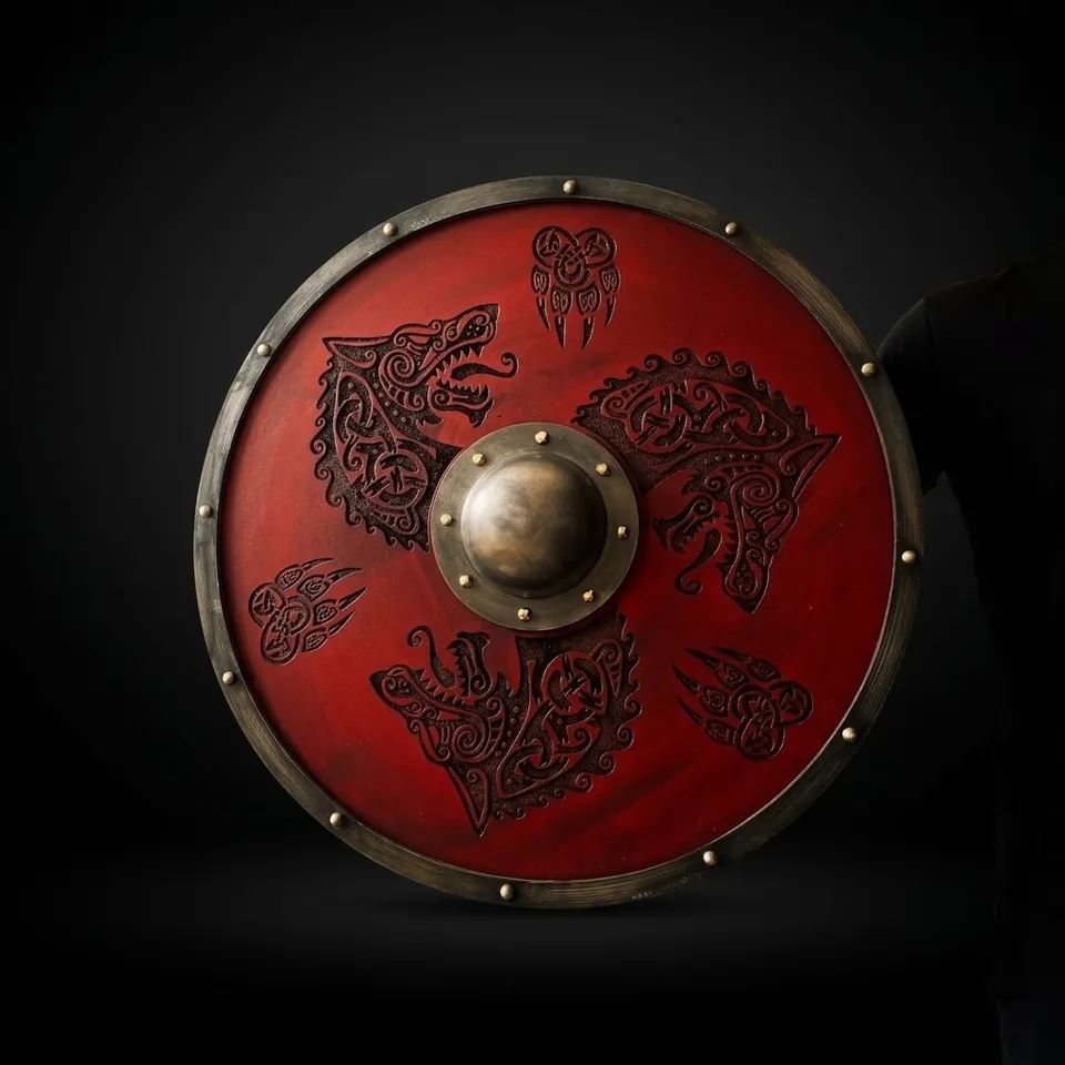 Hand Engraved Viking Wolf Shield with Red Norse Décor LARP