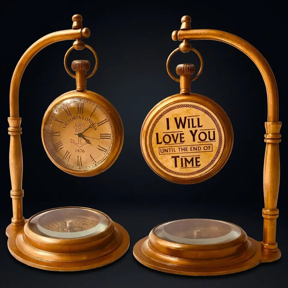 Brass Desk Clock with Working Compass, Victoria London Dial (Alternate Design)
