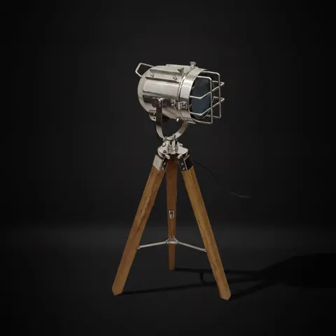 Chrome Spotlight on Wooden Tripod view 1