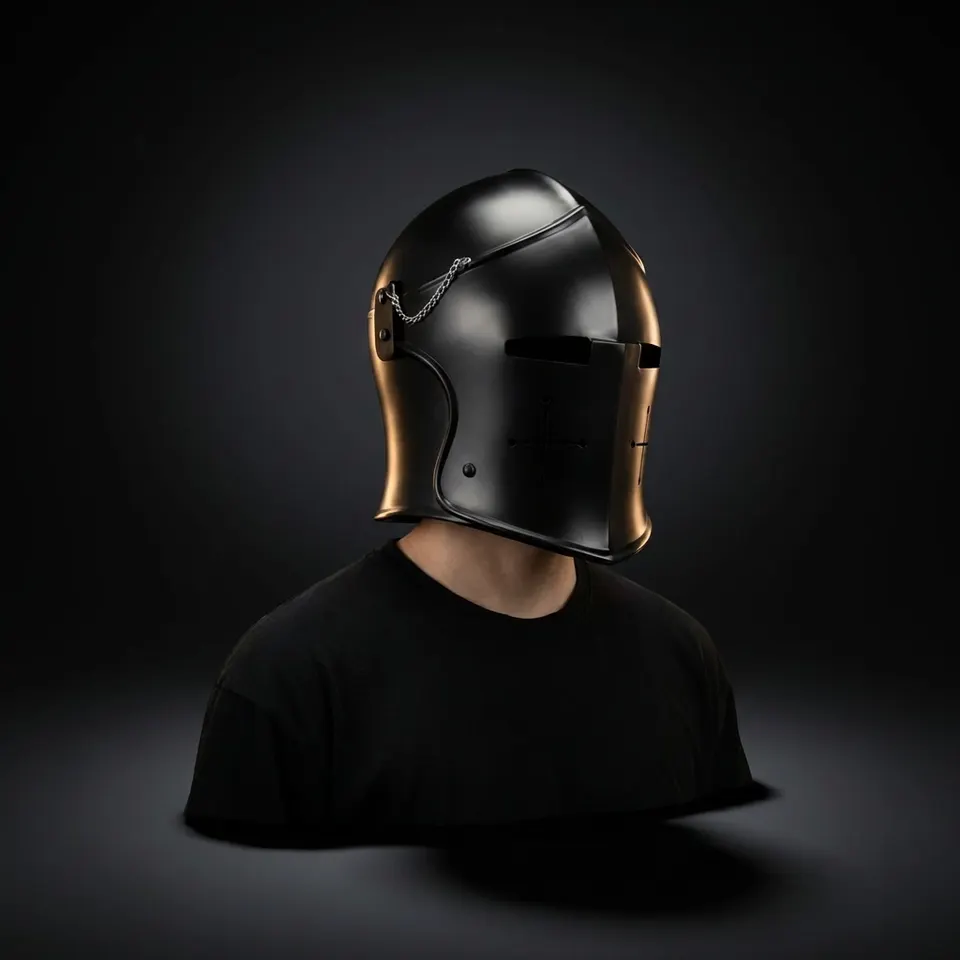 Black Medieval Barbuta Helmet with Full Face Chain Visor