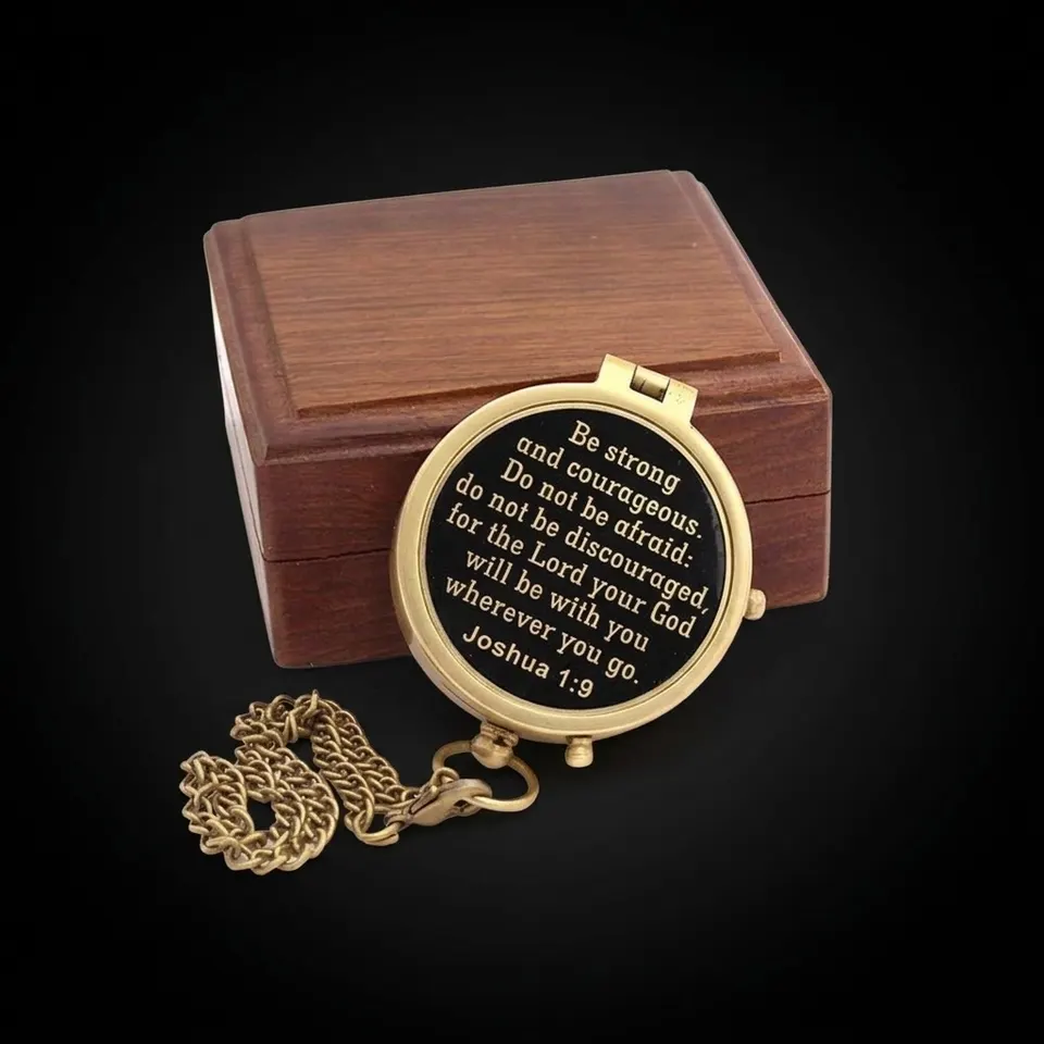 Joshua 1:9 Compass, Wooden Box