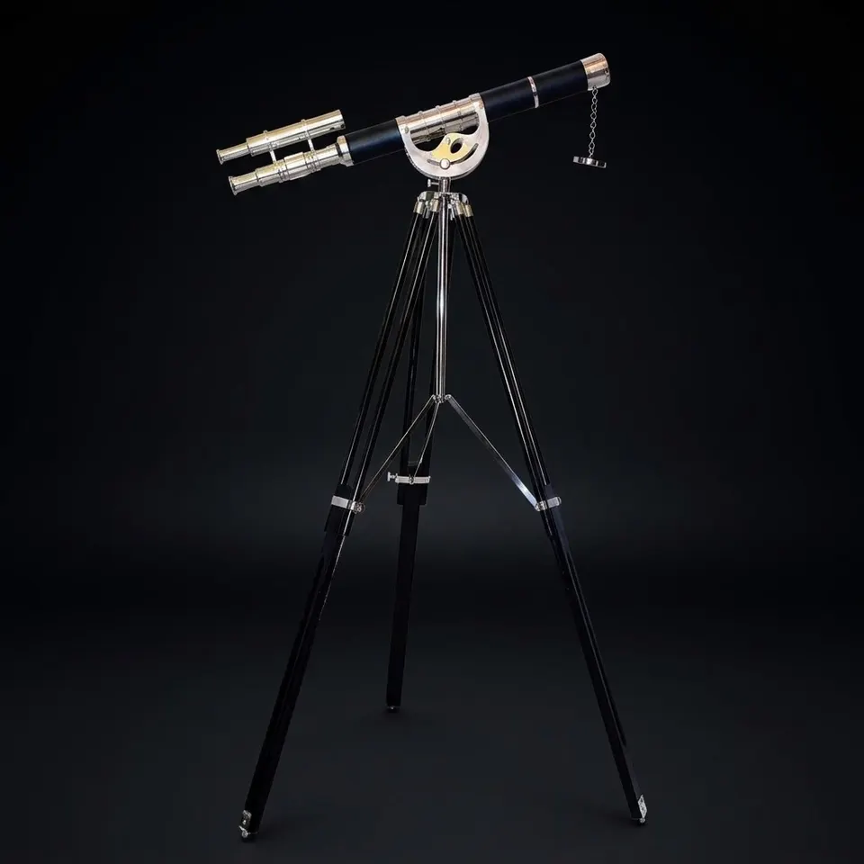 Double Barrel Chrome Finish Brass & Chrome Floor Standing Telescope 54" with Wooden Tripod