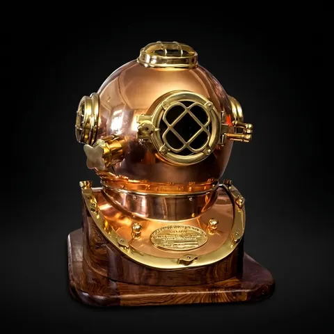 Copper Brass Diving Helmet with Polished Copper Finish and Rosewood Base view 1