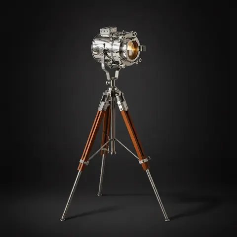 Chrome Spotlight on Wooden Tripod view 1